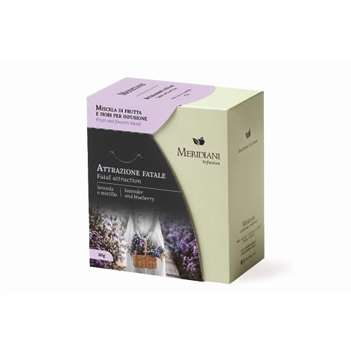 Meridiani® | Entspannender Kräutertee mit Lavendel und Blaubeeren | Fruchtmischung zum Aufguss ohne Koffein | Heidelbeer-, Lavendel- und Lindenblattaufguss – (80 g) | Entspannender Kräutertee von MERIDIANI