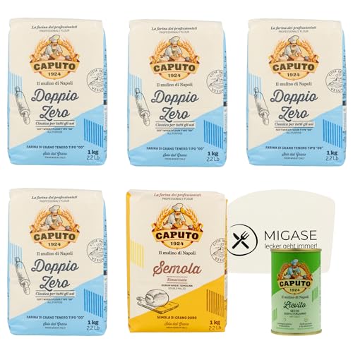 Caputo Pizza-Set - 4x1kg Doppio Zero - 1x1kg Semola - 100g Trockenhefe - 1x Teigkarte (Doppio Zero) von MIGASE