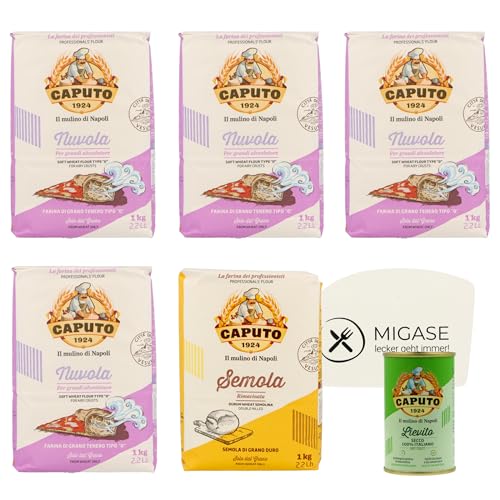 Caputo Pizza-Set - 4x1kg Nuvola - 1x1kg Semola - 100g Trockenhefe und einer gratis Teigkarte (Nuvola) von MIGASE