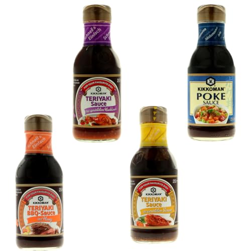 Saucen Set - 4 verschiedene Klassiker - Teriyaki mit geröstetem Sesam, BBQ Sauce mit Honig, Teriyaki Sauce mit geröstetem Sesam und Poke Sauce. Je 250ml von MIGASE