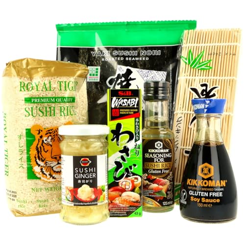 Premium Sushi-Making Set - 7 Teile - Sojasauce und Sushi Seasoning (beide Glutenfrei), S&B Wasabi, Royal Tiger Sushi Reis, geröstete Yaki Nori Blätter, 24cm Bambus Sushi-Matte zum rollen von MIGASE