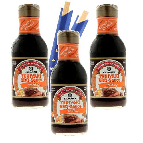 Teriyaki Saucen Set in verschiedenen Geschmacksrichtungen. BBQ Teriyaki mit Honig, 3x250ml + 2 Chopsticks von MIGASE