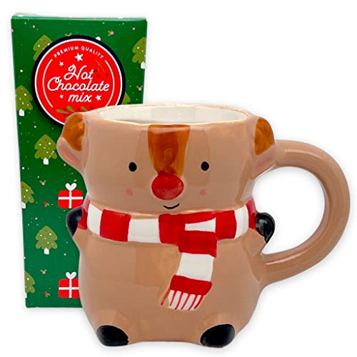 Geschenkset Weihnachtstasse mit Trinkschokolade Vanillegeschmack, Weihnachtsbecher aus Keramik mit Henkel 300 ml, für Heiß- & Kaltgetränke (Rentier) von MIJOMA