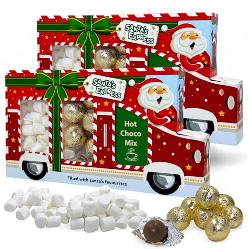 MIJOMA Heiße Schokolade Set Geschenkverpackung Santa's Express – 2 Packungen - Trinkschokoladenpulver mit Vanille-Geschmack, Mini-Marshmallows & Pralinenkugeln – Winterlicher Genuss zum Selbermachen. von MIJOMA