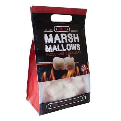 BBQ Marshmallows - Barbecue Süßigkeitsschmaus - Flauschig, Fettfrei und Glutenfrei - Schaumzucker-Süßigkeit für Lagerfeuer-Erlebnisse, 300g Beutel mit 6 Holzstäben - Schoko-Fondue oder Backspaß von MIK funshopping