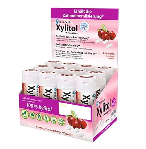 miradent Xylitol Zahnpflegekaugummi Cranberry Display 12 St. | fruchtiger Geschmack | zuckerfrei | vegan | kariespräventiv | ohne Aspartam, Sorbitol, Laktose, Titanium Dioxid | für unterwegs von miradent