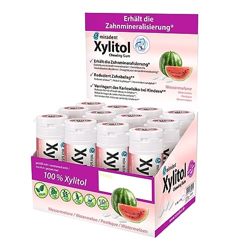 miradent Xylitol Zahnpflegekaugummi Wassermelone Display 12 St. | fruchtiger Geschmack | zuckerfrei | vegan | kariespräventiv | für unterwegs von miradent