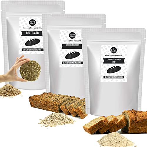 MITOBACK - 3er Set Brotbackmischungen Probierpaket aus: 1 x Helles Kastenbrot, 1 x Kartoffel-Leinsamen Brot, 1 x Brot-Taler - Eiweiß Brotbackmischung: Eiweißreich, Glutenfrei im Probierpaket von MITOBACK