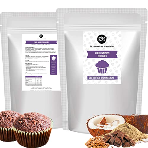 MITOBACK - Backmischung Kokos-Walnuss-Brownies - Glutenfreier Brownie mit Kokos & Nuss glutenfrei - Protein Fitness Muffin Fertigback-Mischung - Eiweißreiche Backmischung ideal bei Diabetes & Zöliakie von MITOBACK