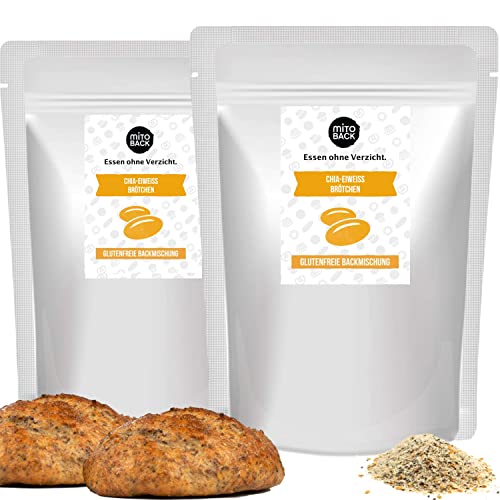 MITOBACK - Chia-Brötchen Backmischung im 2er Set á 100 g - Eiweiß Brötchen: Glutenfrei, Hefefrei, Sojafrei, Ohne Konservierungsmittel - Proteinreiche Fitness Brötchen bei Diabetes & Zöliakie von MITOBACK