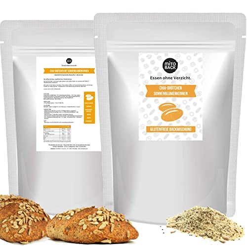 MITOBACK - Chia-Brötchen mit Sonnenblumenkerne Backmischung 218 g - Eiweiß Brötchen: Glutenfrei Sojafrei & Hefefrei - Proteinreiche & Ballaststoffreich Mischung ideal bei Diabetes & Zöliakie von MITOBACK