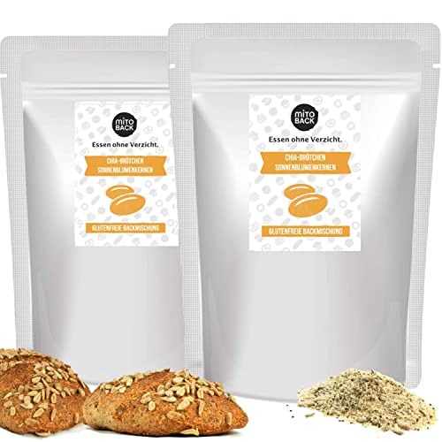 MITOBACK - Chia-Brötchen mit Sonnenblumenkerne Backmischung 2er Set á 218g - Eiweiß Brötchen: Glutenfrei Sojafrei & Hefefrei - Proteinreiche & Ballaststoffreich Mischung ideal bei Diabetes & Zöliakie von MITOBACK