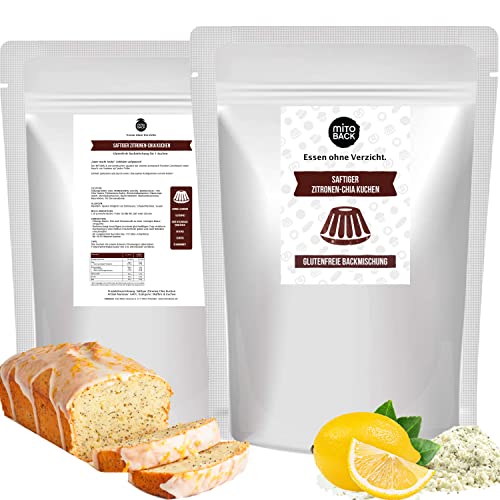 MITOBACK - Saftiger Zitronen-Chia Kuchen Backmischung 240 g, glutenfreier Zitronenkuchen Fertigmischung für Diabetiker & bei Zöliakie: Glutenfrei, Hefefrei, Sojafrei Fertigteig-Mischung zum Backen von MITOBACK