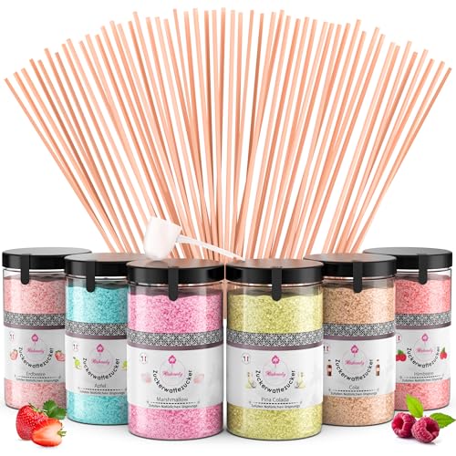 Misskandy®, Zuckerwatte Zucker (Natürliche Aromen und Farbstoffe) / set (6 * 300Gr): Erdbeere/Piña Colada/Apfel/Marshmallow/Cola/Himbeere/zucker für zuckerwattemaschine /+ 50 Stäbchen von MK Misskandy since 2019