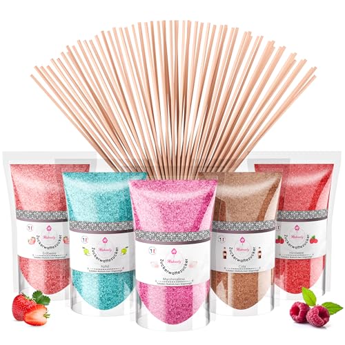 Misskandy®- Zuckerwatte Zucker 5X160Gr (Natürliche Aromen und Farben) Erdbeer-Cola-Apfel-Marshmallow-Himbeere/Zuckerwattemaschine/ + 20 Sticks (kostenlos) von MK Misskandy since 2019