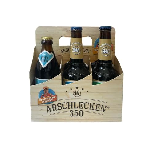 Arschlecken 350 Sixpack 2 x Original ML Freibier 0,33 l Flaschen, 2 x Hopfensmoothie 0,33 l Flaschen & 2 x AL350 Helles 0,33 l Flaschen in der Männerhandtasche Alc.5% (6) by Sepp Bumsinger von ML ARSCHLECKEN 350