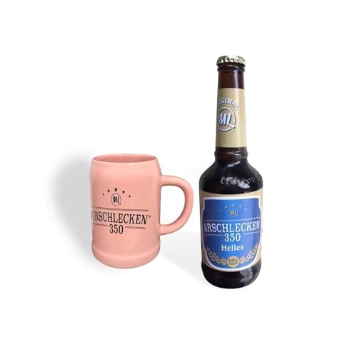 Geschenkset Arschlecken 350 Original ML 1 Helles 0,33 l Flasche mit praktischen Bierkrug in Rosa 0,33 l mit kultigen AL350 Logo Alc.5% vol. by Sepp Bumsinger von ML ARSCHLECKEN 350