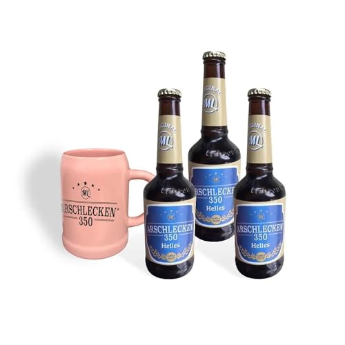 Geschenkset Arschlecken 350 Original ML 3 Helles 0,33 l Flaschen mit praktischen Bierkrug in Rosa 0,33 l mit kultigen AL350 Logo Alc.5% vol. by Sepp Bumsinger von ML ARSCHLECKEN 350