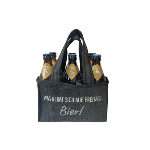 Geschenkset Arschlecken 350 Sixpack 6 Original ML Bayrisch Hell 0,5 l Flaschen in praktischer Filztasche „Was reimt sich auf Freitag? Bier!“ Alc.5% vol. (6) by Sepp Bumsinger von ML ARSCHLECKEN 350