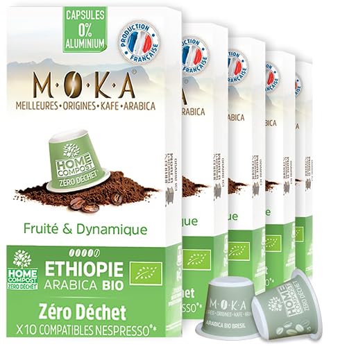 MOKA - 100% reiner Arabica-Kaffee aus Äthiopien - Intensität 8 - Origineller und eleganter Bio-Kaffee - 50 Nespresso Kapseln Kompatibel Zero Waste - Biologisch abbaubar und Home Compost - Frankreich von TERRAMOKA