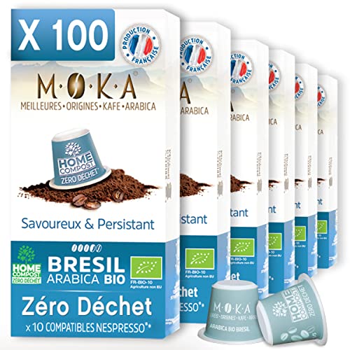 MOKA - 100% reiner Arabica-Kaffee aus Brasilien - Intensität 7 - Origineller und eleganter Bio-Kaffee - 100 Nespresso* Kapseln Kompatibel Zero Waste - Biologisch abbaubar und Home Compost - Frankreich von TERRAMOKA