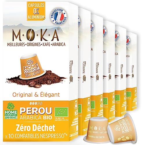 MOKA - 100% reiner Arabica-Kaffee aus Peru - Intensität 6 - Origineller und eleganter Bio-Kaffee - 100 Nespresso Kapseln Kompatibel Zero Waste - Biologisch abbaubar und Home Compost - Frankreich von TERRAMOKA