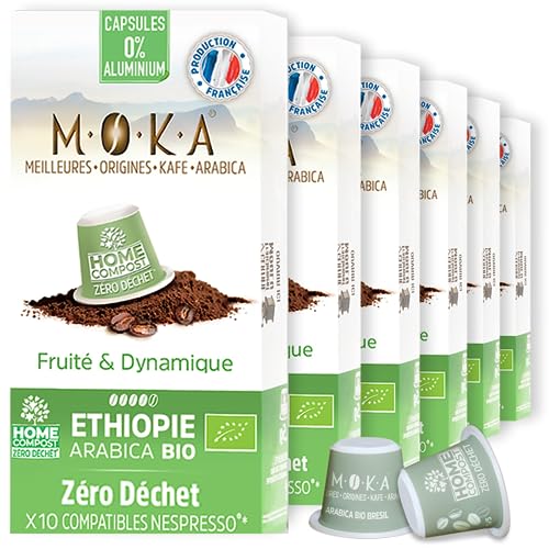 MOKA - 100% reiner Arabica-Kaffee aus Äthiopien - Intensität 8 - Origineller und eleganter Bio-Kaffee - 100 Nespresso Kapseln Kompatibel Zero Waste - Biologisch abbaubar und Home Compost - Frankreich von TERRAMOKA