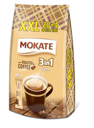 MOKATE® 3 in 1 XXL Instantkaffee Latte - 1 Bag - 408g -24 Sticks x 15g - Instant Kaffee Getränkepulver aus löslichem Bohnenkaffee Smooth & Creamy Pulver Getränke Cremiger Geschmack Intensives Aroma von Mokate