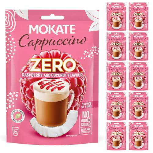 MOKATE - Cappuccino ZERO Himbeere & Kokos - 10er Pack - 10x20g - Ohne Zuckerzusatz Instant-Cappuccino - Ohne Palmöl, Mit Stevia & Ballaststoffen Kaffeepulver - Cremiger Genuss mit Exotischem Geschmack von MOKATE