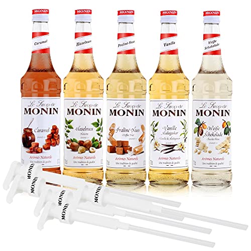 MONIN-SET Café 5+5 - 5x Kaffee Sirup + 5x Pumpen - Karamell, Vanille, Praline-Nuss, Haselnuss, Weisse Schokolade (5x 0,7l) von MONIN