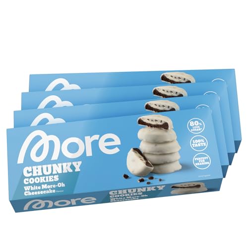 MORE Chunky Cookie, 4 x 128g Packung (32 Kekse), White More-Oh Flavor, knusprige Kekse mit leckerer Füllung, ohne Zuckerzusatz von MORE NUTRITION