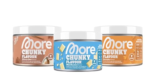 MORE NUTRITION Chunky Flavour, 3er Bundle, 3 x 150 g, Butterkeks, Milchreis Zimt, Weiße Schokolade, Geschmackspulver zum Süßen, ohne viel Zucker und Kalorien, mit Inulin und Laktase von MORE NUTRITION