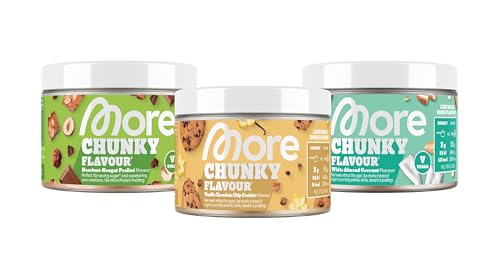 MORE NUTRITION Chunky Flavour, 3er Bundle, 3 x 150 g, Vanilla Chocolate Chip Cookie, Hazelnut Nougat Praliné, White Almond Coconut, Geschmackspulver zum Süßen, mit Inulin und Laktase von MORE NUTRITION