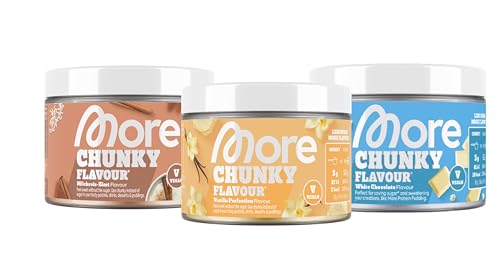 MORE NUTRITION Chunky Flavour, 3er Bundle, 3 x 150 g, Vanilla Perfection, Milchreis Zimt, Weiße Schokolade, Geschmackspulver zum Süßen, ohne viel Zucker und Kalorien, mit Inulin und Laktase von MORE NUTRITION