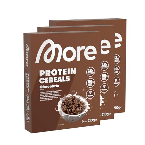 MORE Protein Cereals, 3 x 210 g, Chocolate, Frühstückscerealien mit wenig Zucker und Schoko Geschmack, Müsli mit 12 g Protein, vegan von MORE NUTRITION