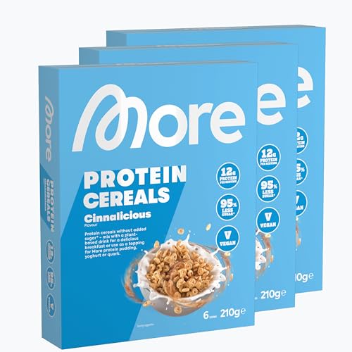 MORE Protein Cereals, 3 x 210 g, Cinnalicious, Frühstückscerealien mit wenig Zucker und Zimt Geschmack, Müsli mit 12 g Protein, vegan von MORE NUTRITION