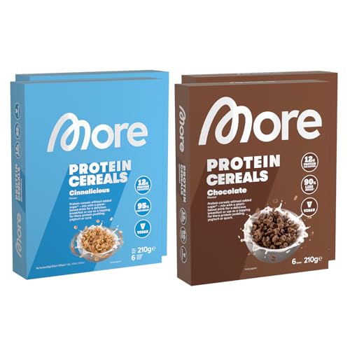 MORE Protein Cereals, 4 x 210 g, 2 x Cinnalicious, 2 x Chocolate, Frühstückscerealien mit wenig Zucker und Zimt oder Schoko Geschmack, Müsli mit 12 g Protein, vegan von MORE NUTRITION