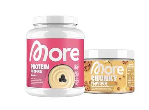 MORE Protein Pudding, Neutral, 600 g & MORE Chunky Flavour, 150 g, Vanilla Chocolate Chip Cookie, für einen cremigen Pudding mit Geschmack, weniger Fett und weniger Kalorien von MORE NUTRITION