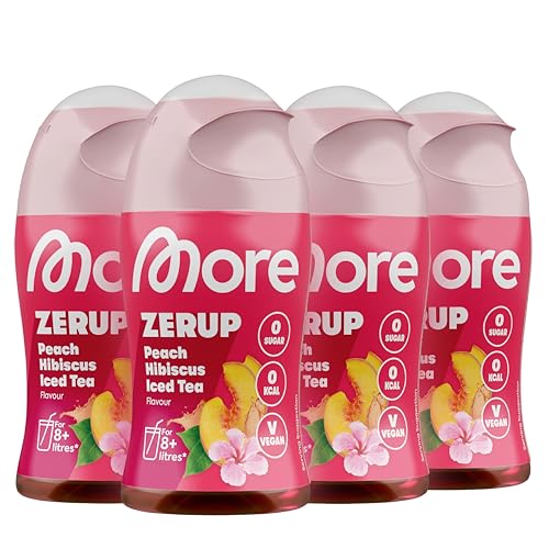 MORE Zerup, Peach Hibiscus Iced Tea, 4 x 65 ml, für bis zu 32 l Fertiggetränk, zuckerfreier Sirup mit echten Fruchtextrakten, vegan, zero Kalorien - made in Germany von MORE NUTRITION