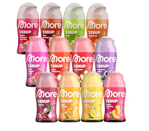 MORE Zerup, mixed 12er Bundle, 12 x 65 ml, verschiedene Sorten, für bis zu 96 l Fertiggetränk, zuckerfreier Sirup mit echten Fruchtextrakten, vegan, zero Kalorien - made in Germany von MORE NUTRITION