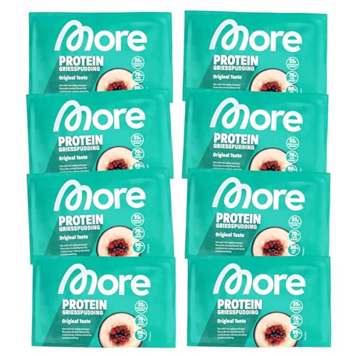 More Protein Grießpudding, 8er Pack, 8 x 60 g, 35 g Eiweiß pro Portion, schnelle Zubereitung ohne Kochen, cremig leckerer Grießpudding mit weniger Zucker und Fett, perfekt zum Verfeinern von MORE NUTRITION