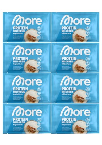 More Protein Milchreis, 8er Pack, 8 x 50 g, 19 g Eiweiß pro Portion, schnelle Zubereitung ohne Kochen, cremig leckerer Milchreis mit weniger Zucker und Fett, perfekt zum Verfeinern von MORE NUTRITION