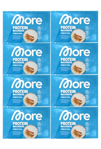 More Protein Milchreis, 8er Pack, 8 x 65 g, 25 g Eiweiß pro Portion, schnelle Zubereitung ohne Kochen, cremig leckerer Milchreis mit weniger Zucker und Fett, perfekt zum Verfeinern von MORE NUTRITION