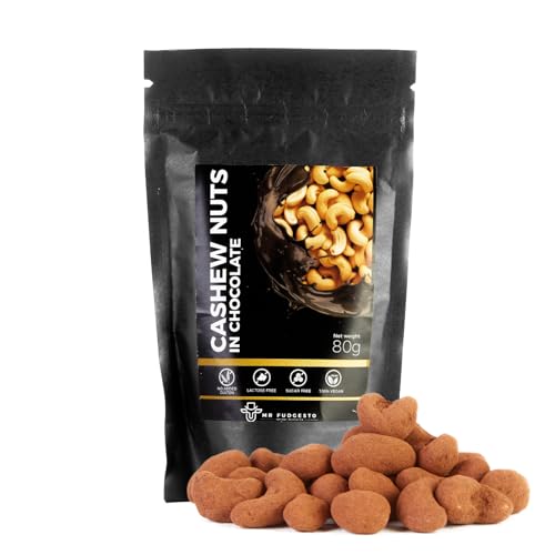 Cashew Nüsse in Dessert-Schokolade überzogen - Mr Fudgesto Sweets - Premium Genuss - Ohne Zusatz von Zucker - Gesunder Snack - Kakaoüberzogene Nüsse und Früchte - 80g von MR FUDGESTO Artisan Delicacies