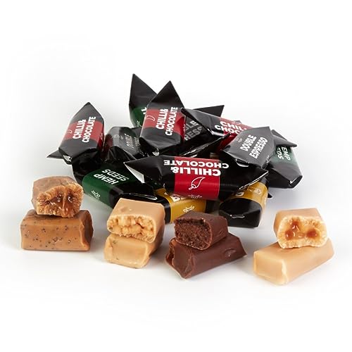 Traditionelle Karamellbonbons - Frisch Fudge - Mix|Kaltes Bier|Café|Chili & Schokolade|Hanfsamen - Mr Fudgesto Süßigkeiten - Kuhbonbon - Groß Box 1,5 kg von MR FUDGESTO Artisan Delicacies