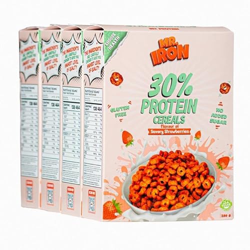 MR.IRON Mister Iron 30% Protein-Cerealien, Erdbeeraromen, glutenfrei, kohlenhydratarm, zuckerarm, vegan, pflanzlich, gesundes Frühstück, 4 Boxen von MR.IRON