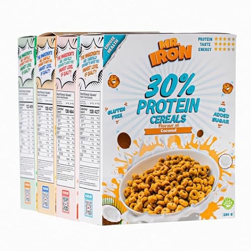 MR.IRON Mister Iron 30% Protein-Cerealien, verschiedene Geschmacksrichtungen, glutenfrei, kohlenhydratarm, zuckerarm, vegan, pflanzlich, gesundes Frühstück, 4 Boxen (MIX 1) von MR.IRON