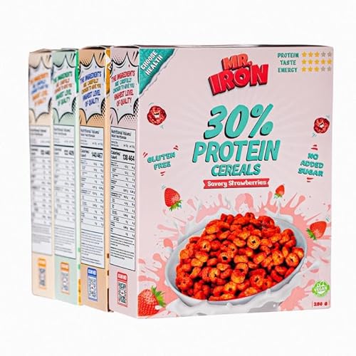 MR.IRON Mister Iron 30% Protein-Cerealien, verschiedene Geschmacksrichtungen, glutenfrei, kohlenhydratarm, zuckerarm, vegan, pflanzlich, gesundes Frühstück, 4 Boxen (MIX 2) von MR.IRON