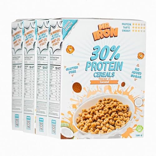 MR.IRON Mister Iron 30% Protein-Cerealien, verschiedene Geschmacksrichtungen, glutenfrei, kohlenhydratarm, zuckerarm, vegan, pflanzlich, gesundes Frühstück, 4 Boxen von MR.IRON