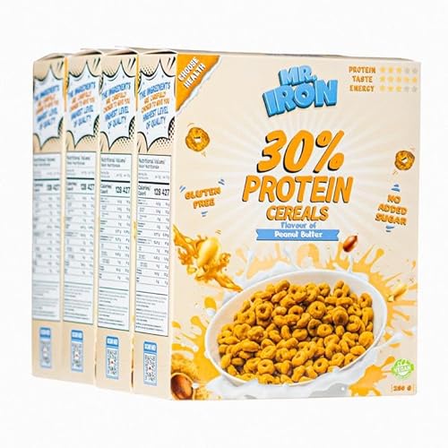 Mister Iron 30% Protein-Cerealien, Erdnussbuttergeschmack, glutenfrei, kohlenhydratarm, zuckerarm, vegan, pflanzlich, gesundes Frühstück, 4 Boxen von MR.IRON